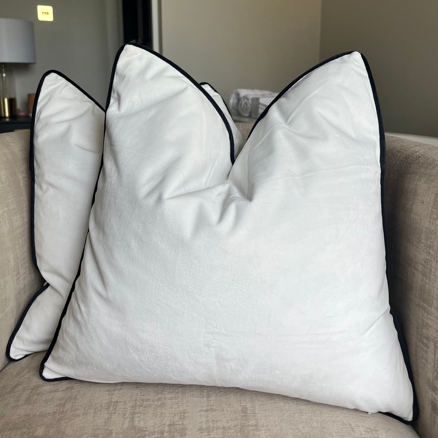 White Velour Velvet Cushion With Black Piping - EX DISPLAY