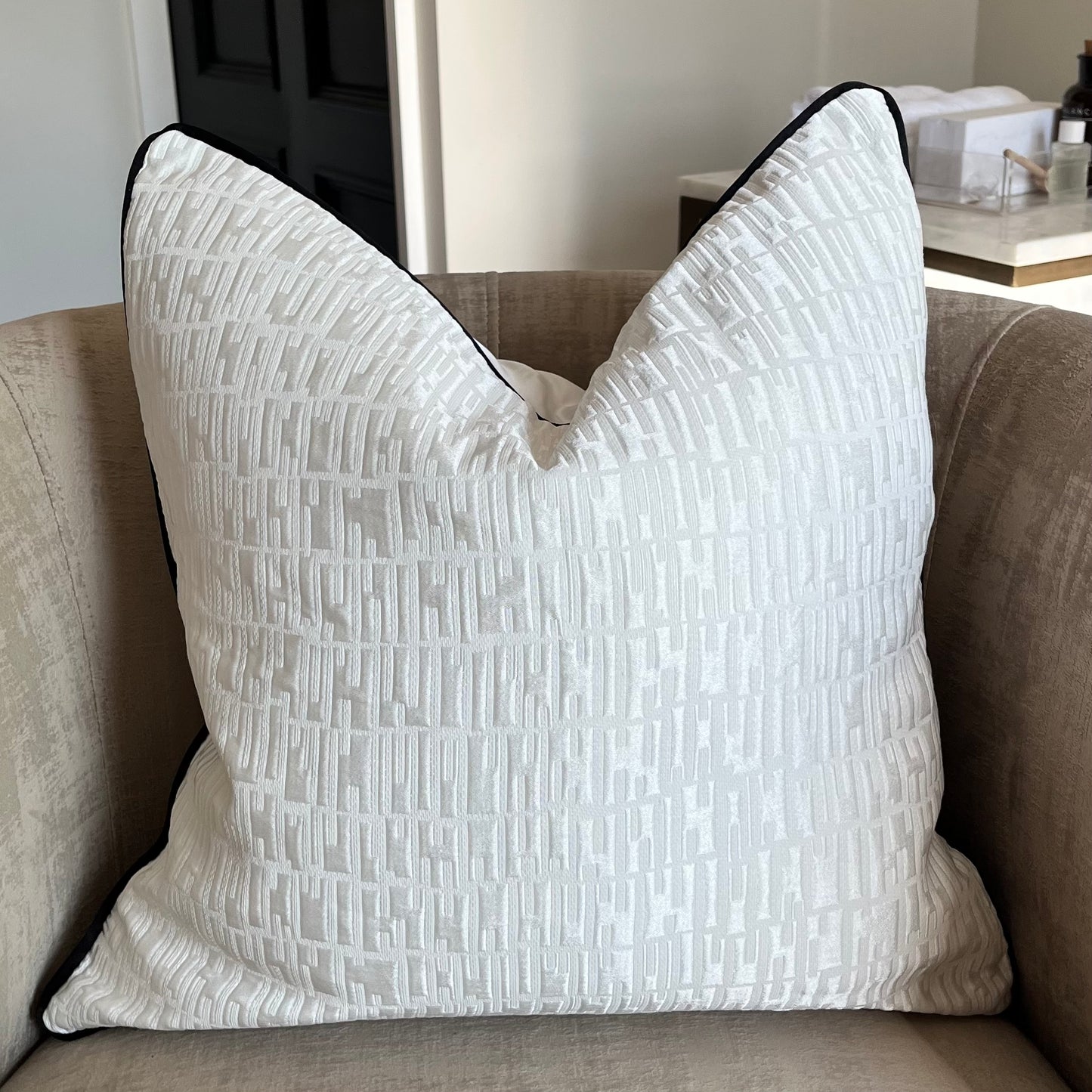 White Cream Silk Abstract Piped Black Cushion - PRE ORDER