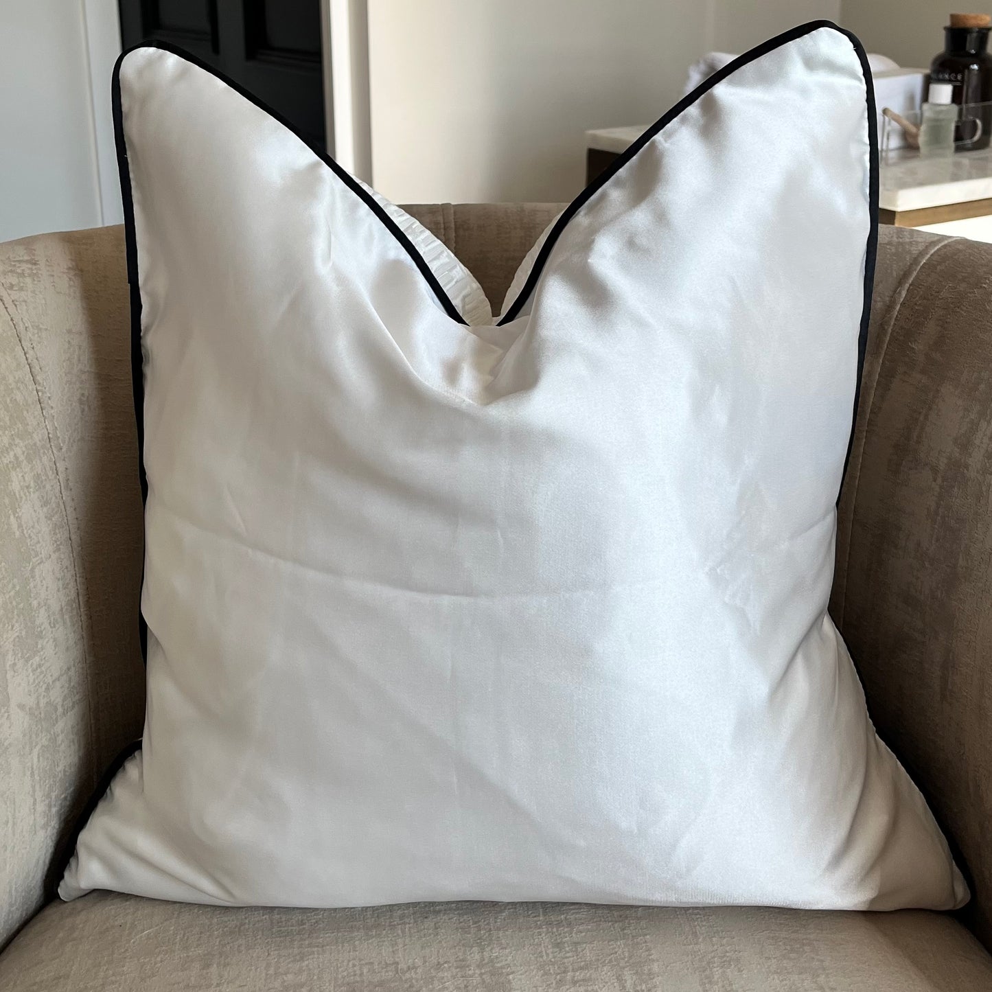 White Cream Silk Abstract Piped Black Cushion - PRE ORDER