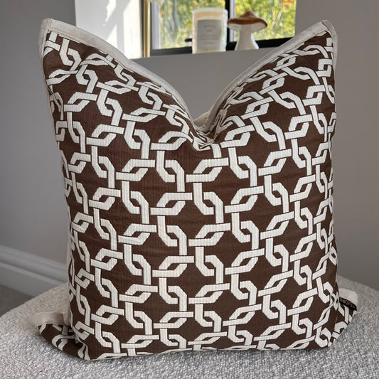 Brown Cream Chain Link Geometric Patterned Cushion - EX DISPLAY