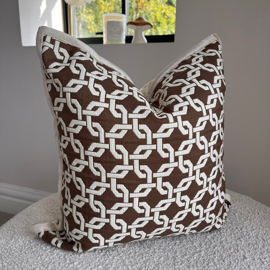 Brown Cream Chain Link Geometric Patterned Cushion - EX DISPLAY