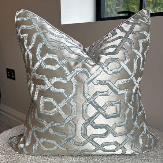 The Hamptons Cushion, Geometric Silver Silk Cushion - EX DISPLAY